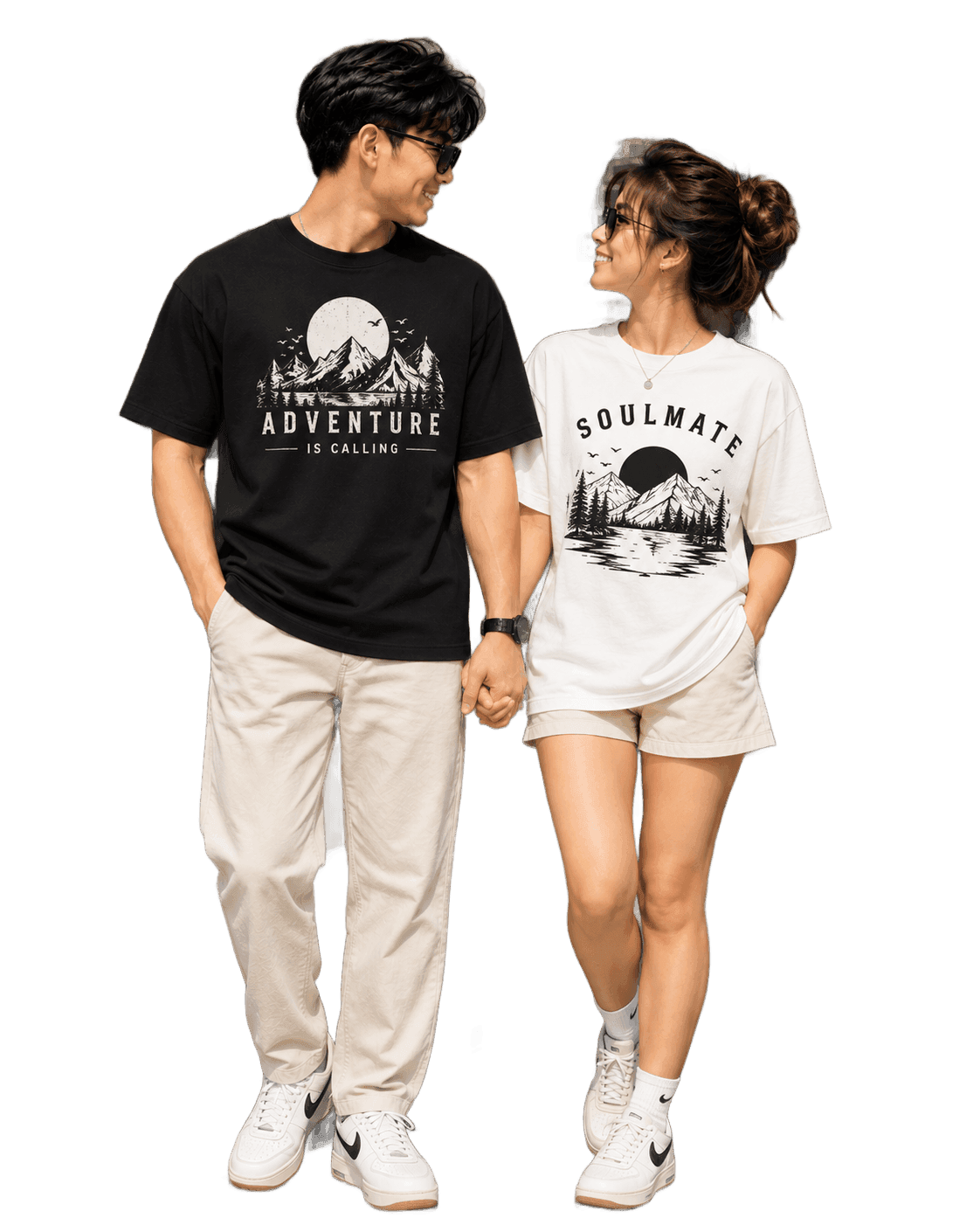 A couple wearing custom printed Adventure Is Calling and Soulmate t-shirts